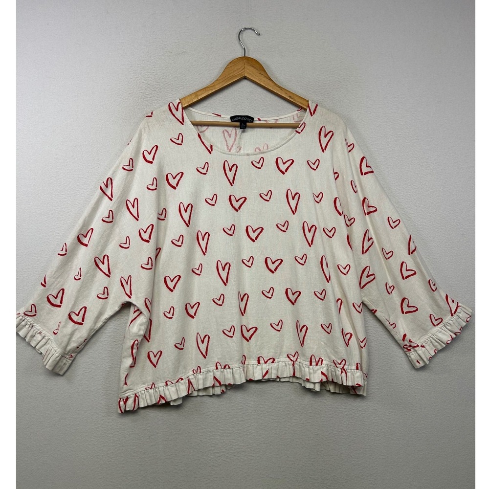 Romantic Cynthia Rowley Womens Large White Red Heart Print Ruffle Linen Top